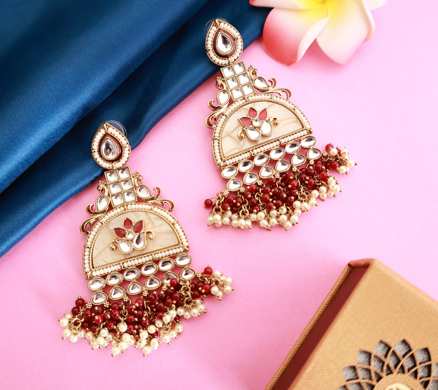 Kundan beaded Chandbali earring with pearl droplets