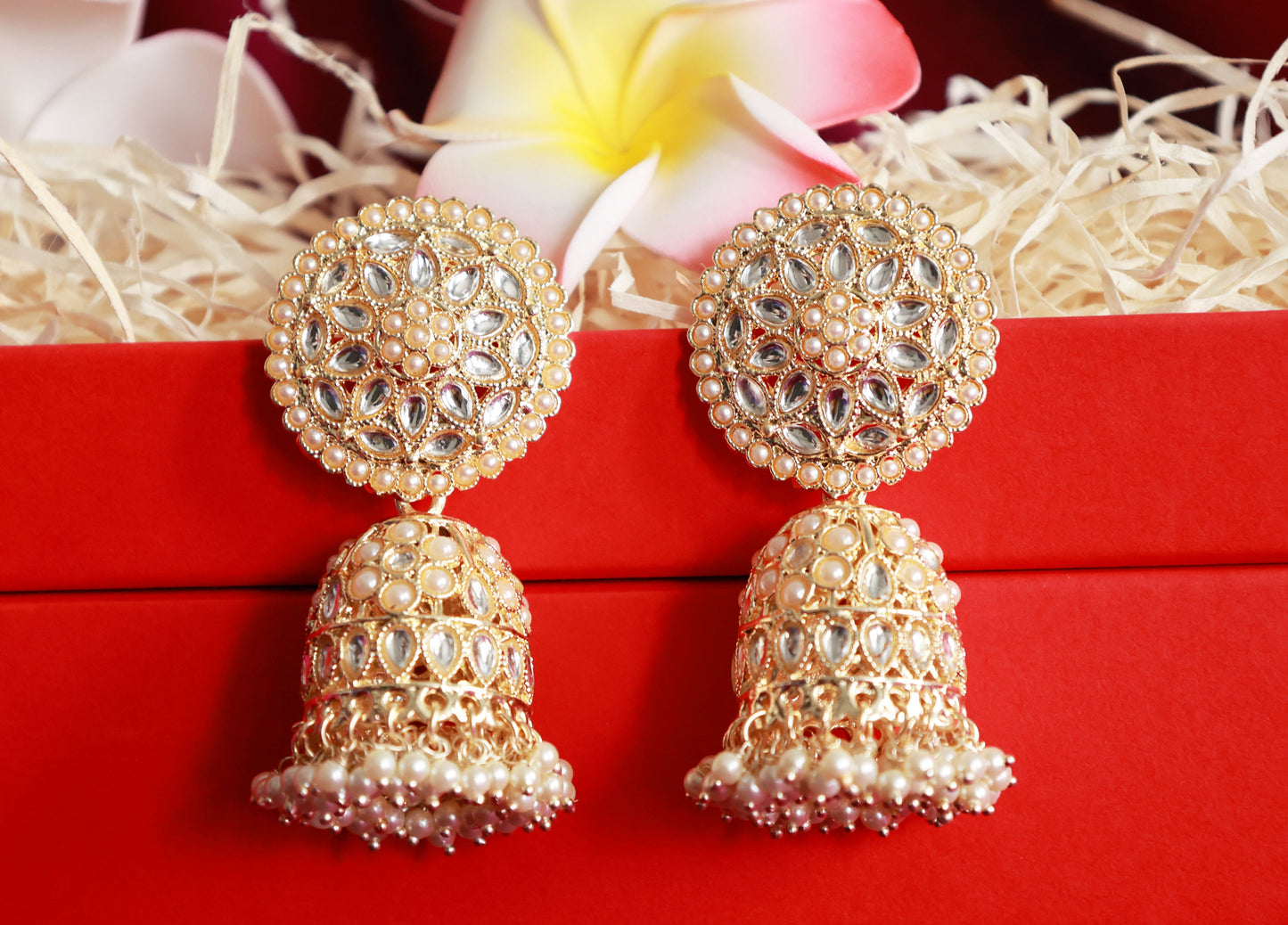 Pearl Bloom Jhumkas with kundan stones