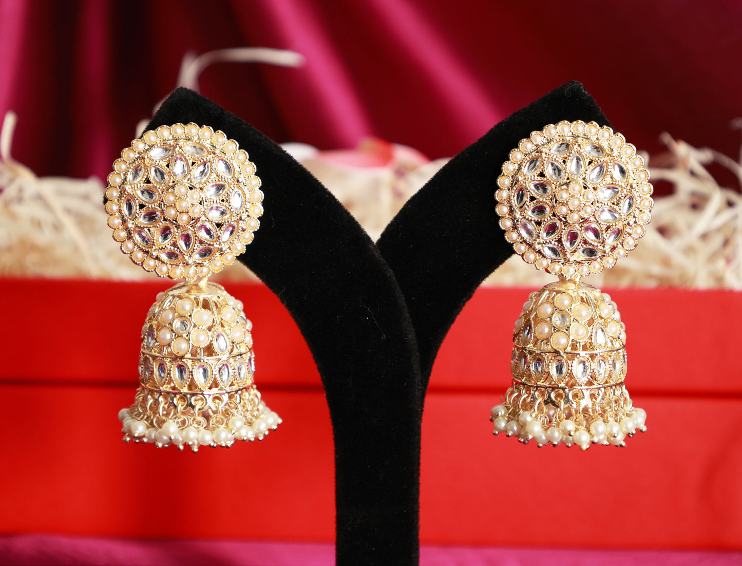 Pearl Bloom Jhumkas with kundan stones