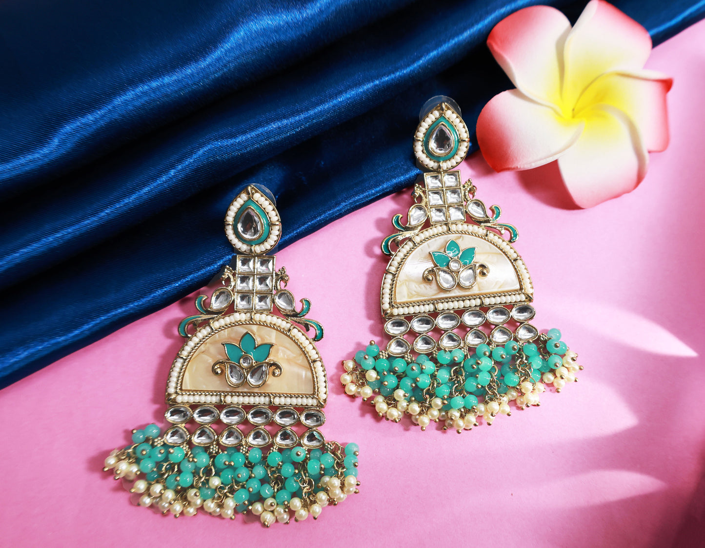 Kundan beaded Chandbali earring with pearl droplets
