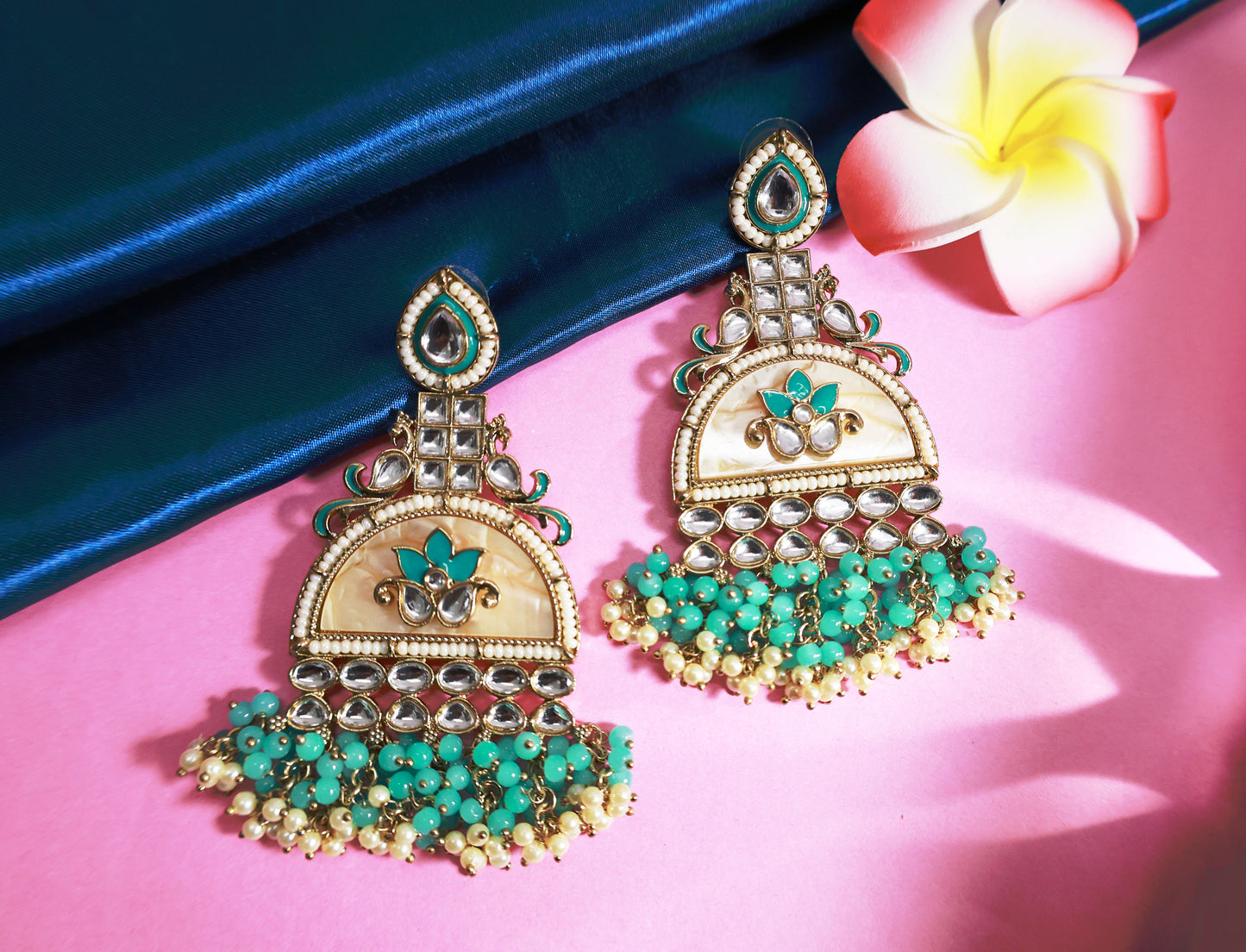 Kundan beaded Chandbali earring with pearl droplets