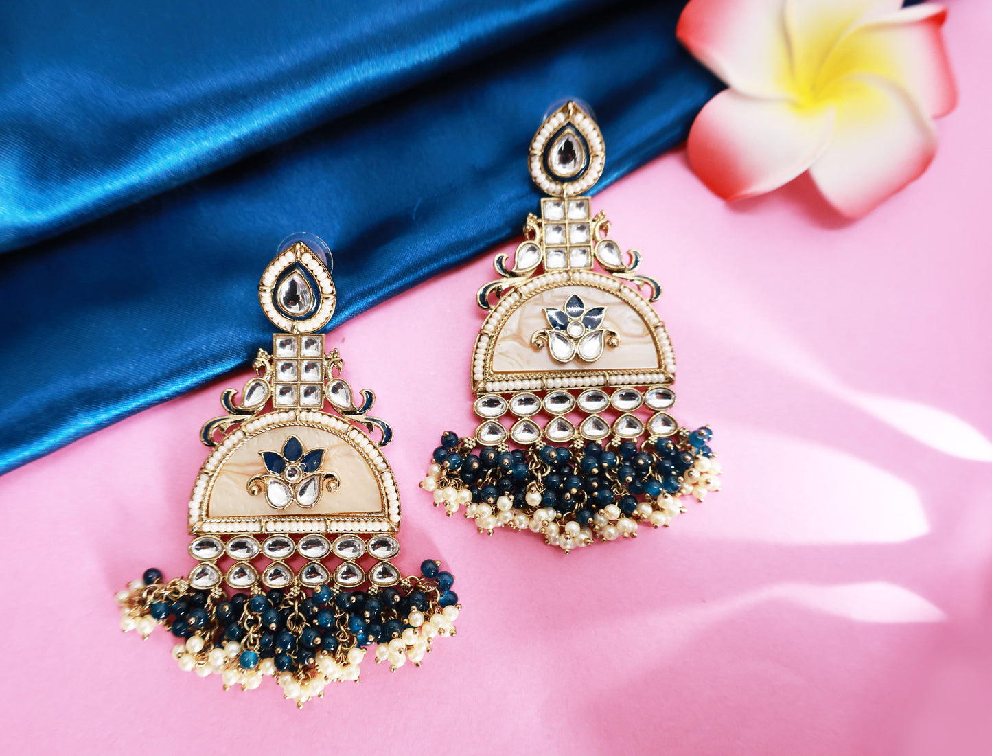 Kundan beaded Chandbali earring with pearl droplets