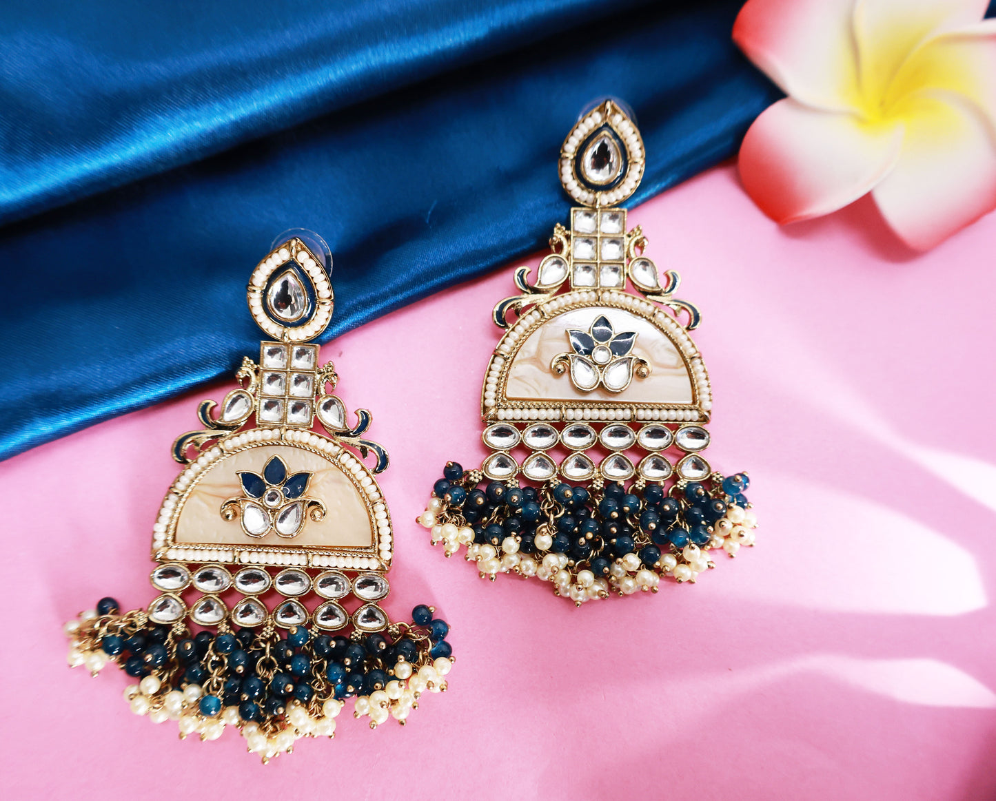 Kundan beaded Chandbali earring with pearl droplets