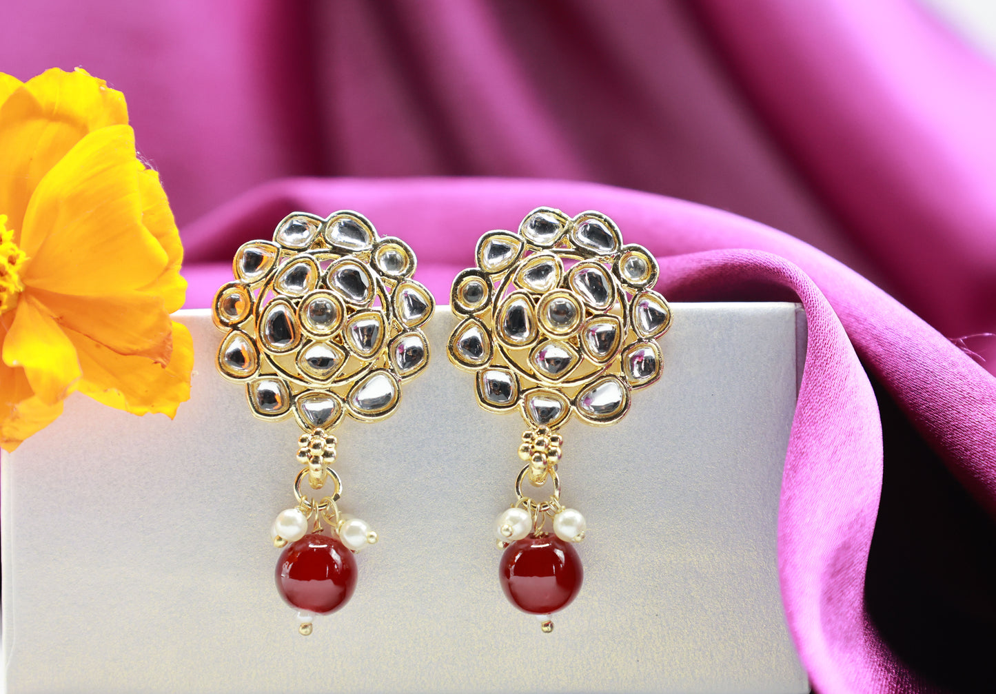 Gold Toned Kundan Studded Drop Earring