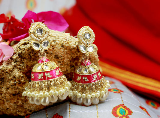 Pink Meenakari with Kundan and Pearl Jhumka