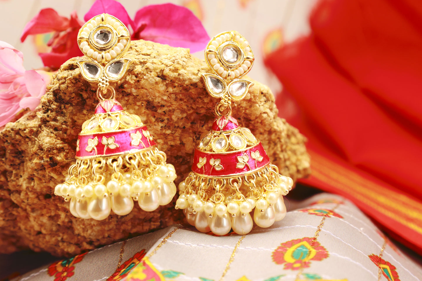 Pink Meenakari with Kundan and Pearl Jhumka
