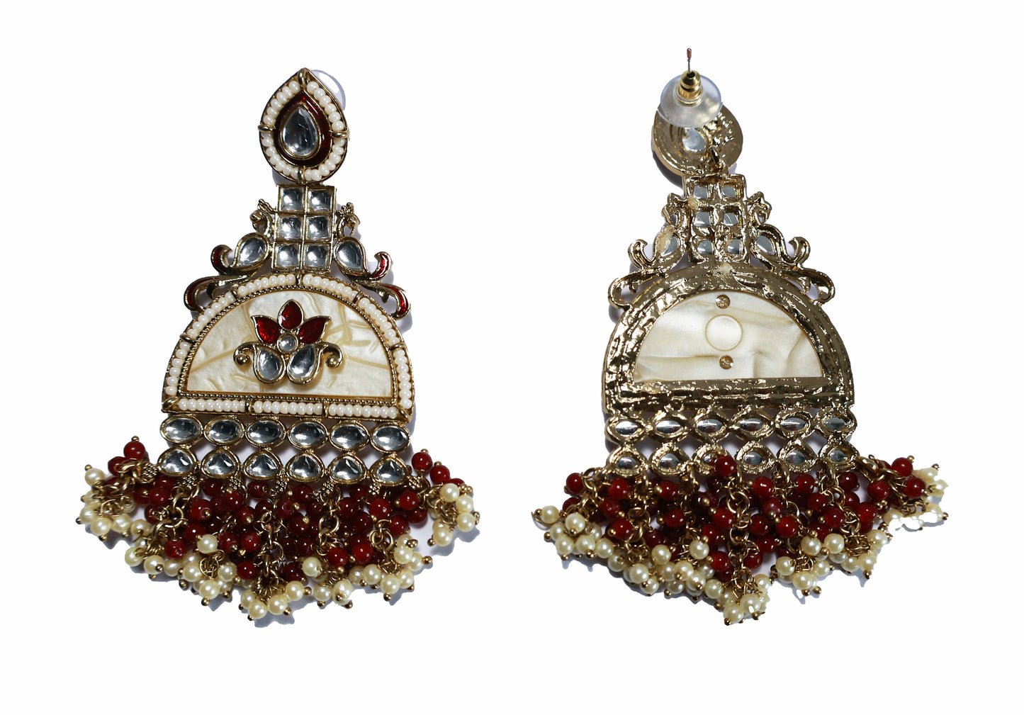 Kundan beaded Chandbali earring with pearl droplets