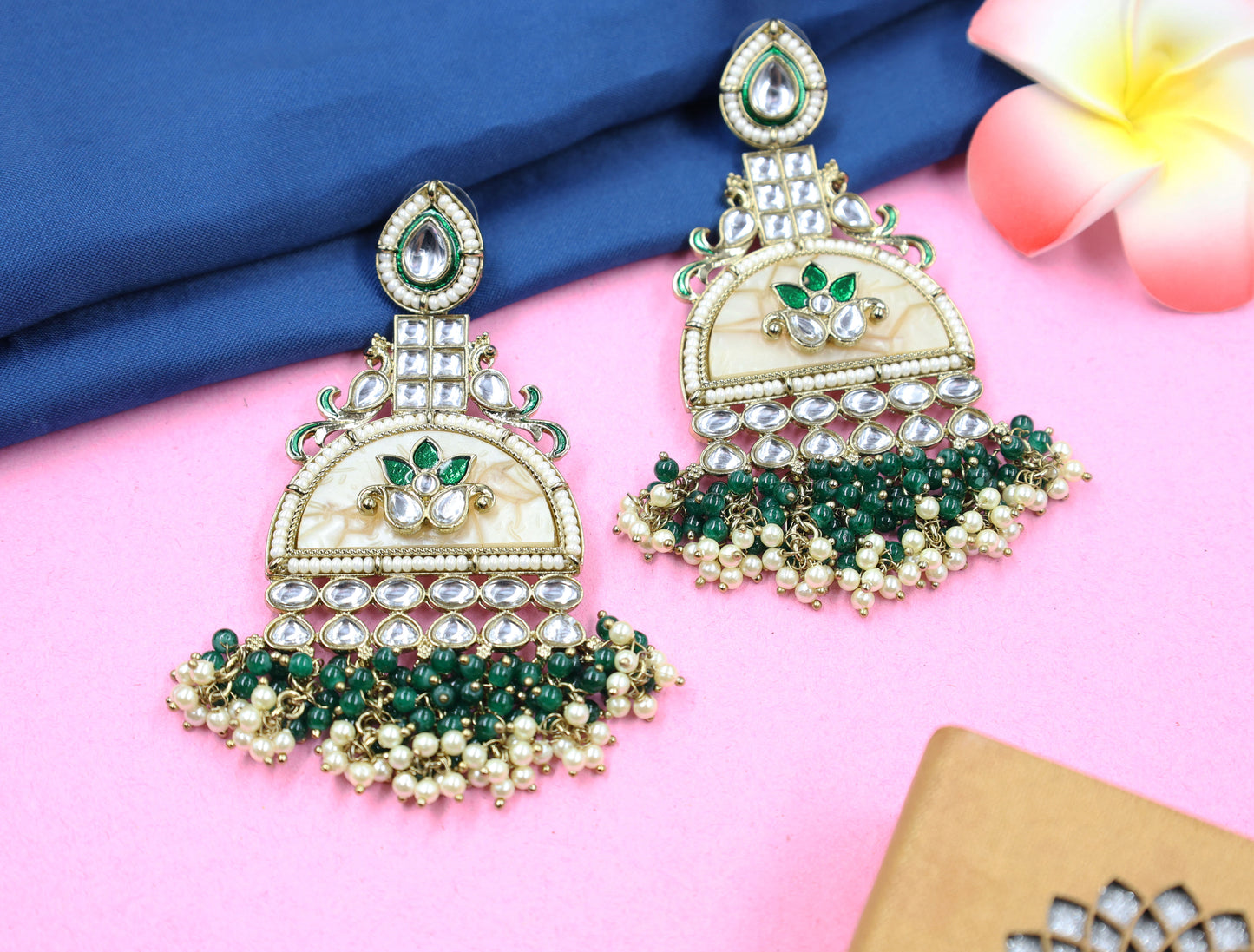 Kundan beaded Chandbali earring with pearl droplets