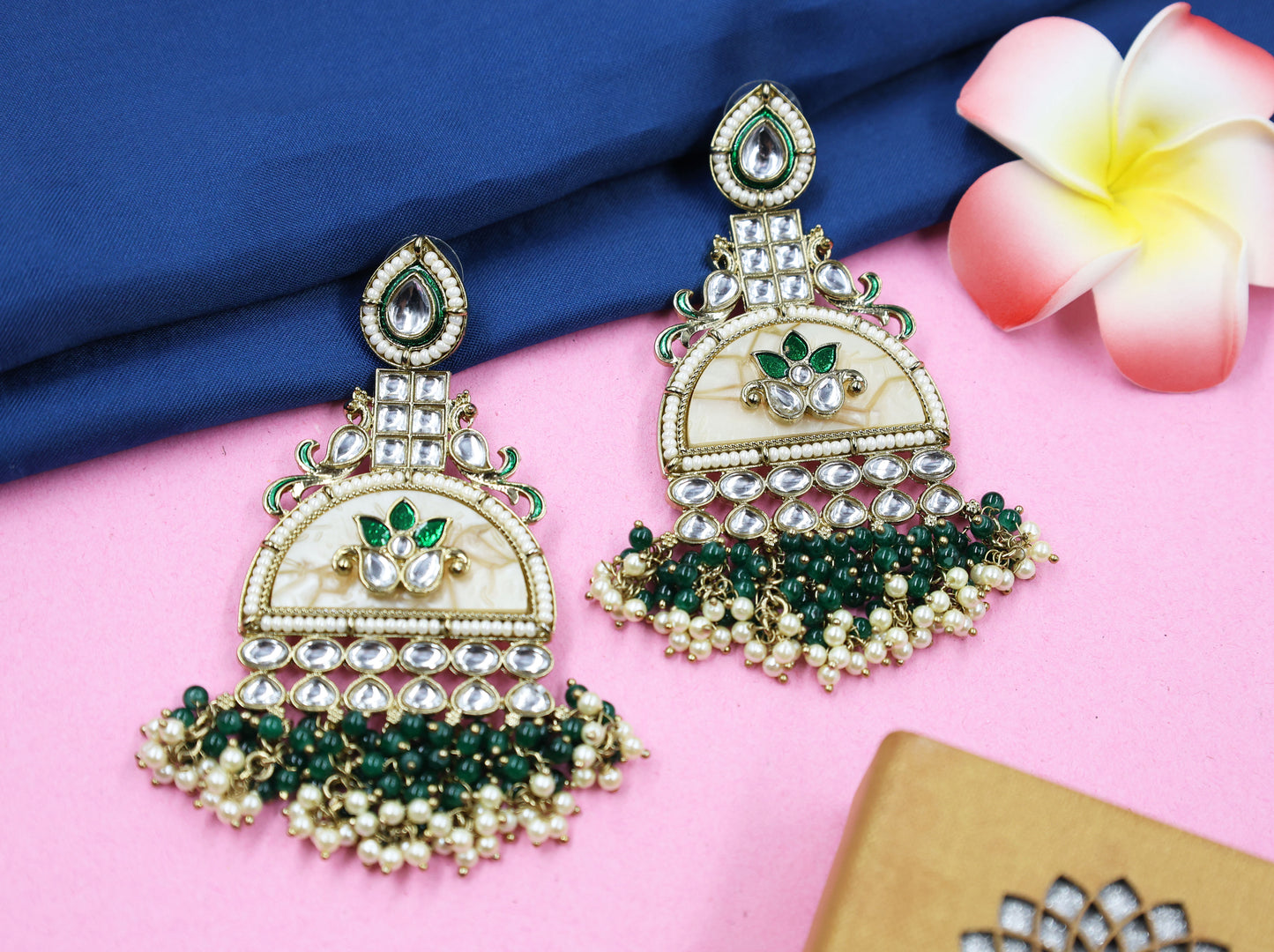 Kundan beaded Chandbali earring with pearl droplets