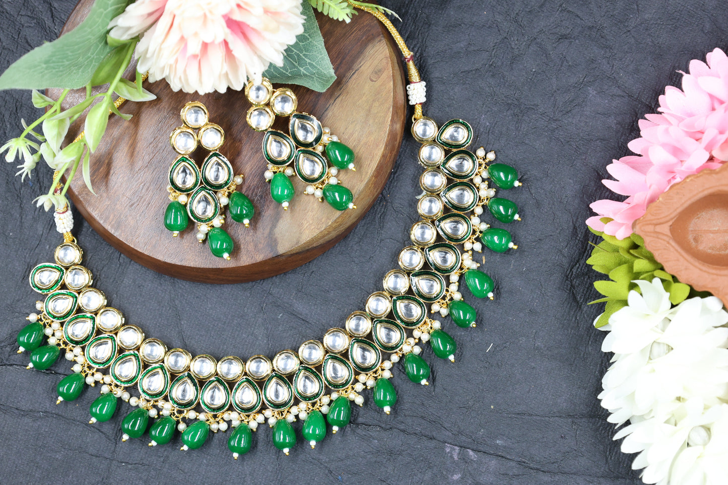 Green Beaded Choker Kundan Set