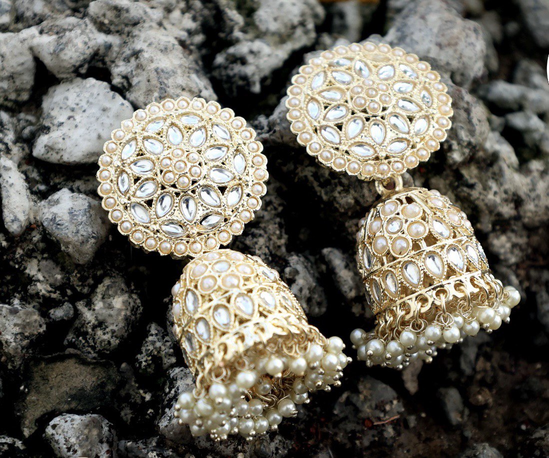 Pearl Bloom Jhumkas with kundan stones